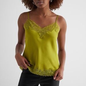 Express Satin Lace Trim V-Neck Downtown Cami - Chartreuse M